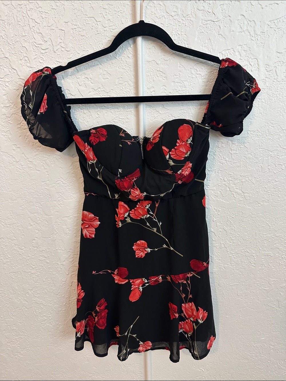 Black Floral Puff-Sleeve Mini Dress Size S | Raised by Wild